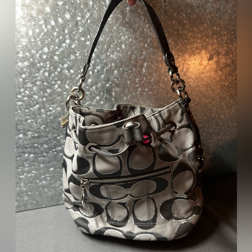 COACH Poppy Signature Lurex Drawstring Tote